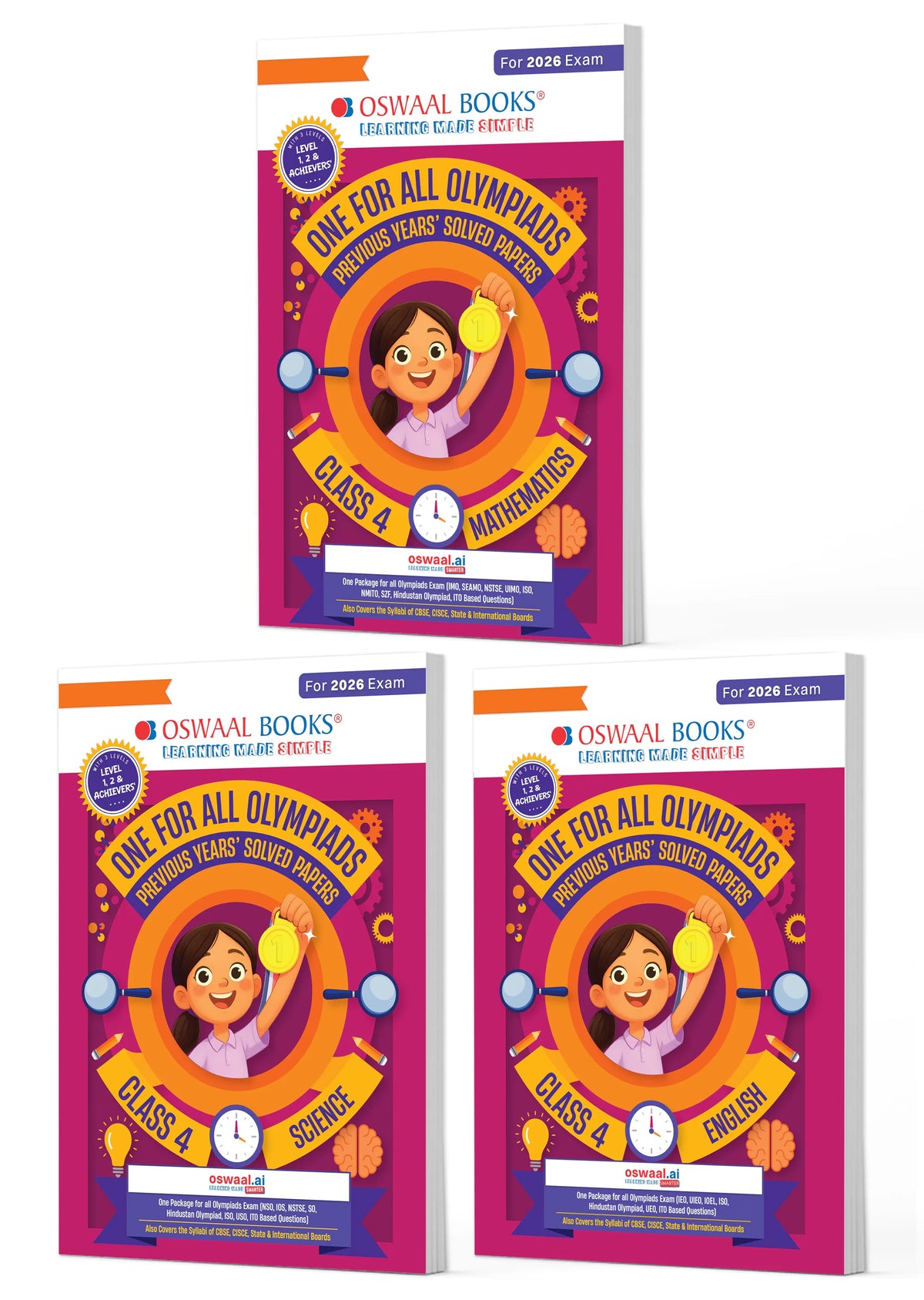 Oswaal One for All Olympiads | Class 4 Maths, Science, English | Chapter-wise Previous Years' Solved Papers | Prep-Guide With Level 1, 2 & Achievers Section (Set of 3 Books) For 2026 Exam