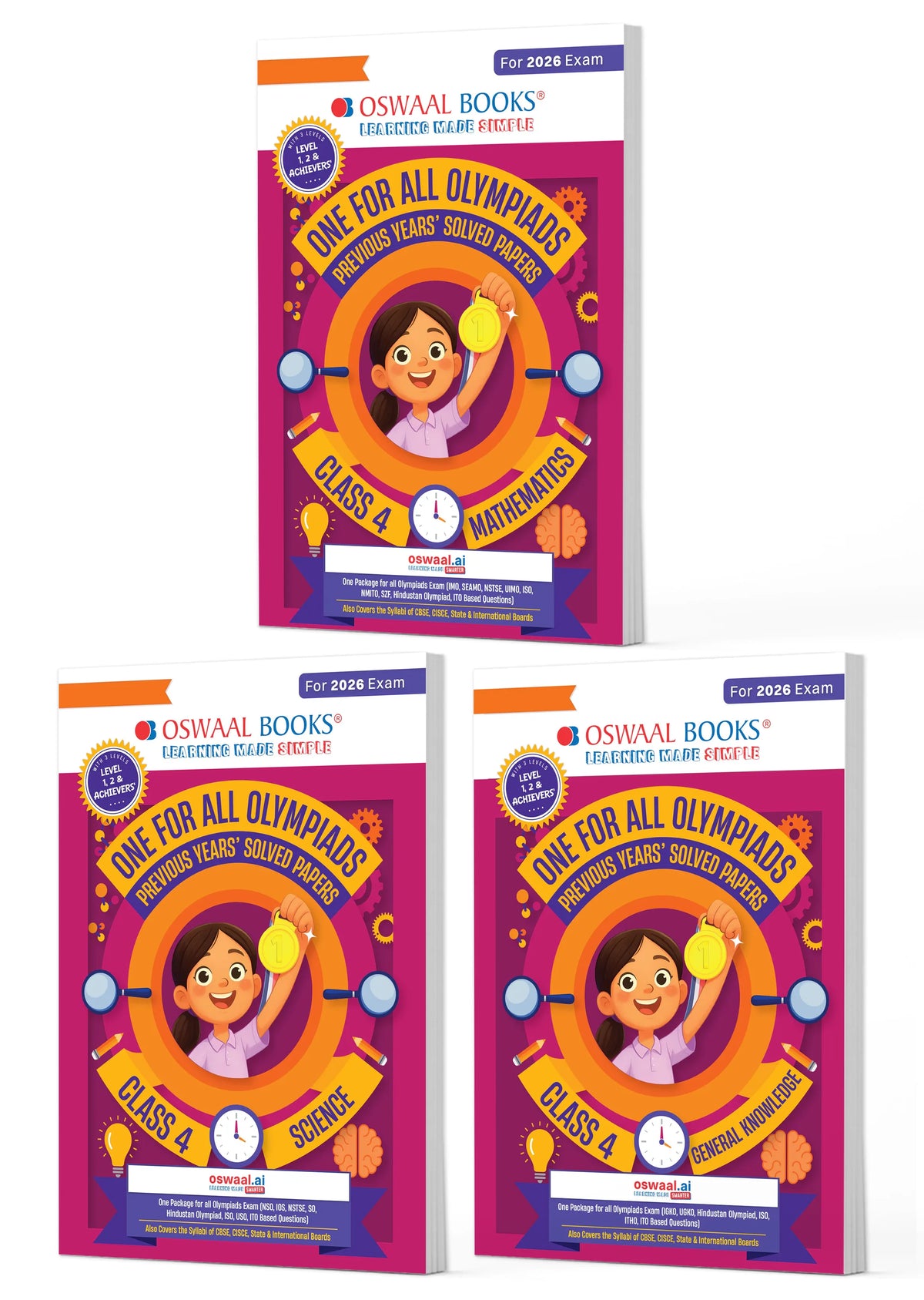 Oswaal One for All Olympiads | Class 4 Maths, Science, GK | Chapter-wise Previous Years' Solved Papers | Prep-Guide With Level 1, 2 & Achievers Section (Set of 3 Books) For 2026 Exam