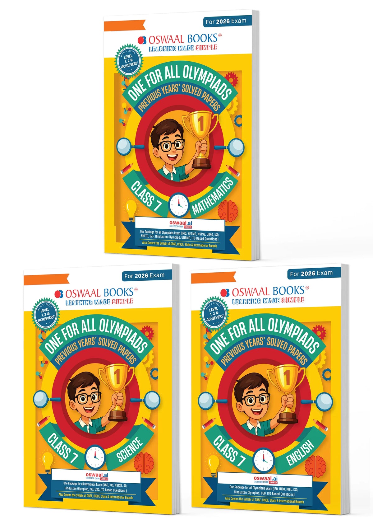 Oswaal One for All Olympiads | Class 7 Maths, Science, English | Chapter-wise Previous Years' Solved Papers | Prep-Guide With Level 1, 2 & Achievers Section (Set of 3 Books) For 2026 Exam