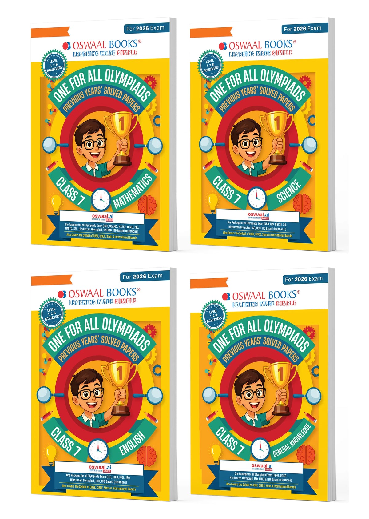 One for All Olympiads | Class 7 Maths, Science, English, GK | Chapter-wise Previous Years' Solved Papers | Prep-Guide With Level 1, 2 & Achievers Section (Set of 4 Books) For 2026 Exam