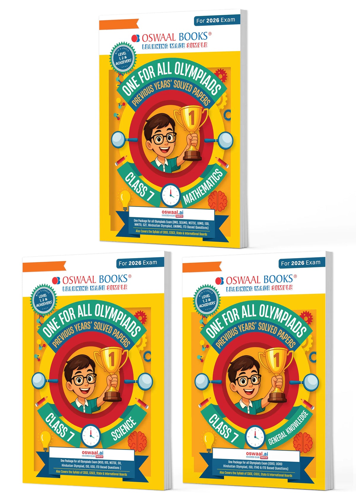 Oswaal One for All Olympiads | Class 7 Maths, Science, GK | Chapter-wise Previous Years' Solved Papers | Prep-Guide With Level 1, 2 & Achievers Section (Set of 3 Books) For 2026 Exam