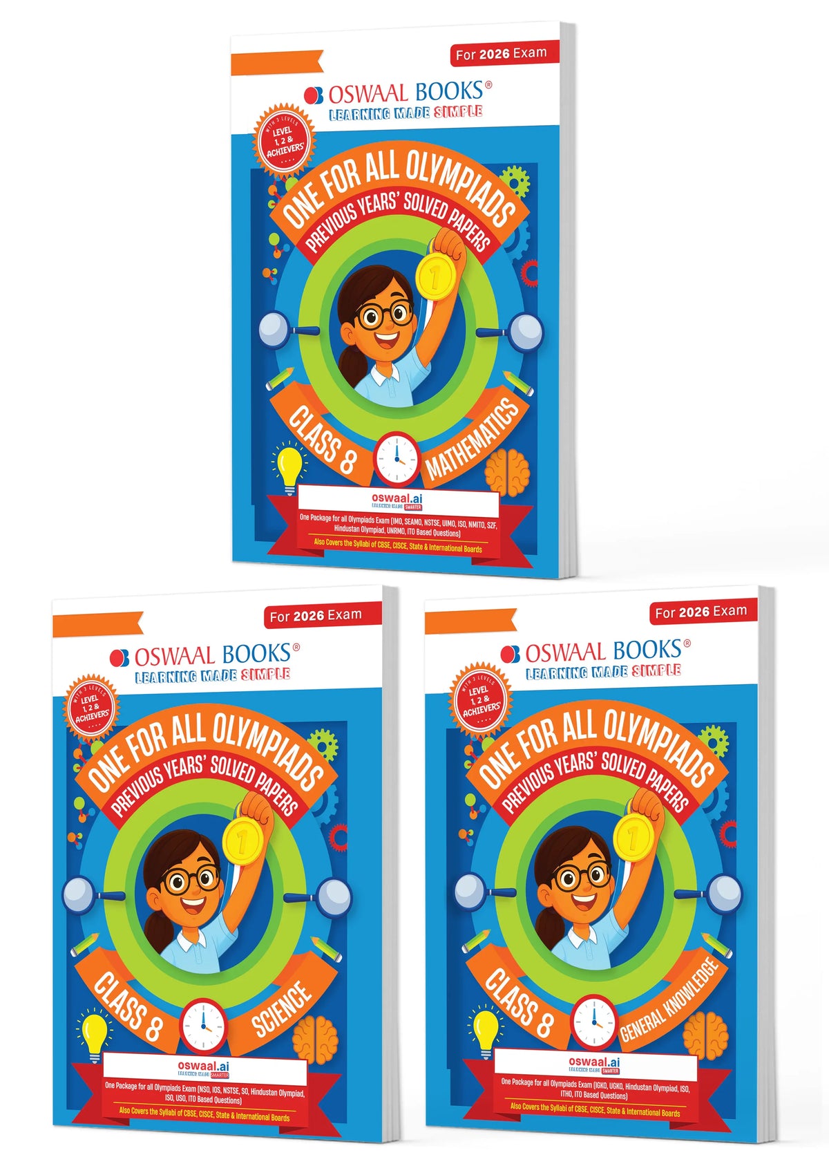 Oswaal One for All Olympiads | Class 8 Maths, Science, GK | Chapter-wise Previous Years' Solved Papers | Prep-Guide With Level 1, 2 & Achievers Section (Set of 3 Books) For 2026 Exam