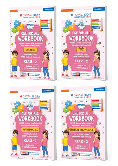 Oswaal One for All Workbook Class 2 English, Hindi, Maths & GK (Set of 4 Books) | 50+ Concept-wise Perforated Worksheets | NEP 2020 & NCF 2023 Aligned | For CBSE & State Boards | Builds Concept Clarity & Scientific Skills