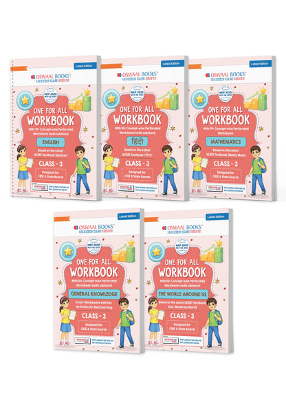 One for All Workbook Class 3 English, Hindi, Maths, GK & EVS (Set of 5 Books) | 50+ Concept-wise Perforated Worksheets | NEP 2020 & NCF 2023 Aligned | For CBSE & State Boards | Builds Concept Clarity & Scientific Skills