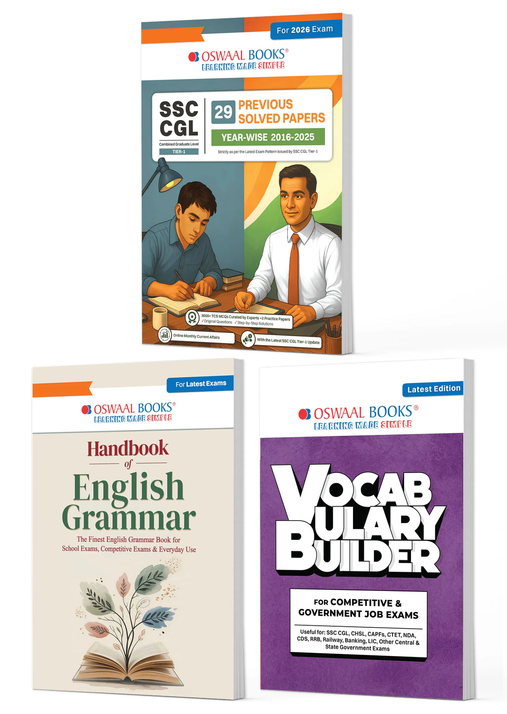 SSC CGL Tier-1 Set of 3 English Medium | 29 PYQ Solved Papers + English Grammar Handbook + Vocabulary Builder | 3000+ Questions Year-wise 2016-2025 | For 2026 Exam