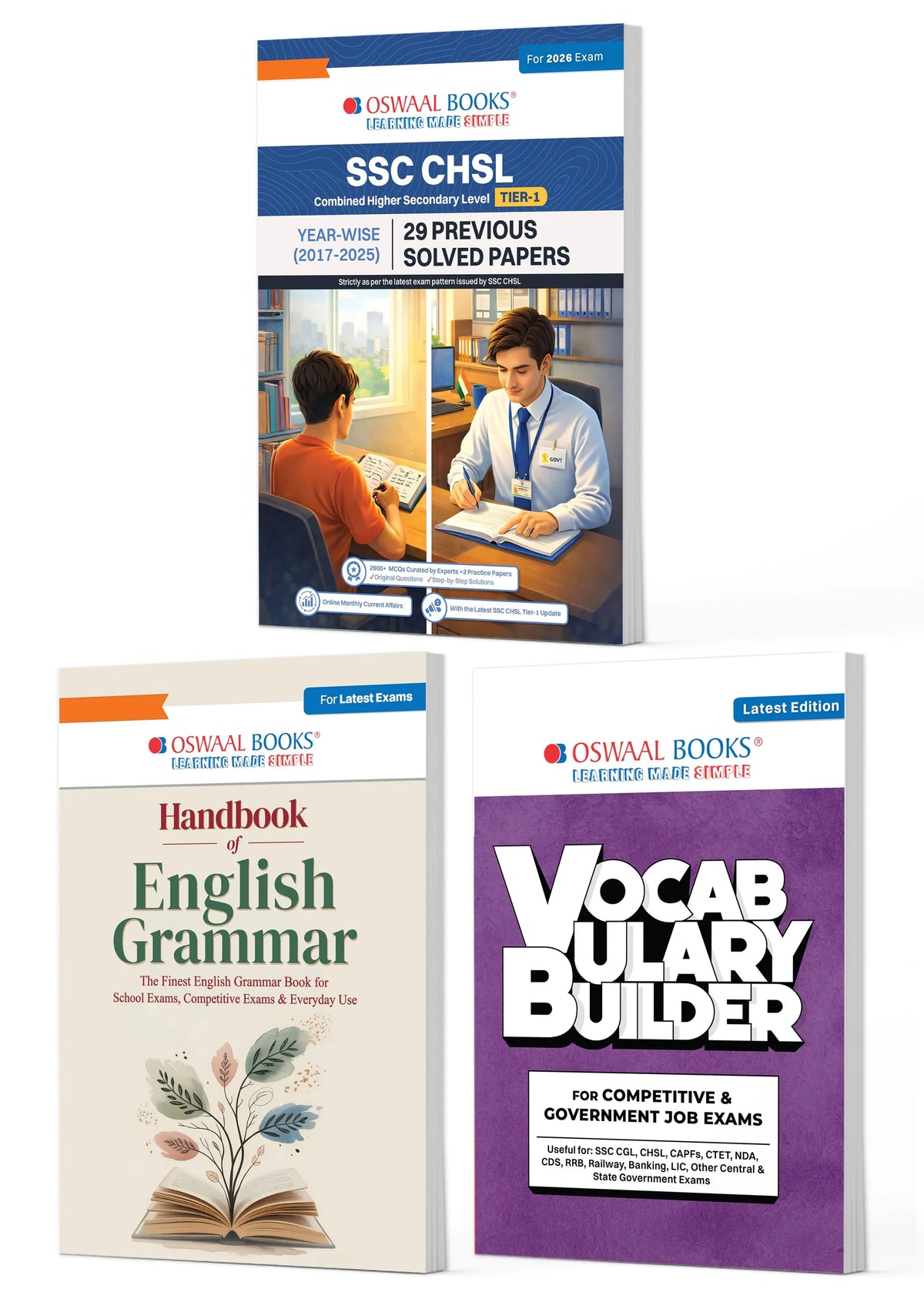 Oswaal SSC CHSL Tier-1 Set of 3 English Medium | 29 PYQ Solved Papers + English Grammar Handbook + Vocabulary Builder | 2900+ Questions Year-wise 2017-2025 | For 2026 Exam