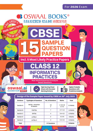 CBSE 15 Sample Question Papers Class 12 Informatics Practices for 2026 Board Exam (As per CBSE Sample Question Paper issued on 30 July 2025), recommended by 2025 CBSE Toppers with Chapter wise Highly Probable Questions