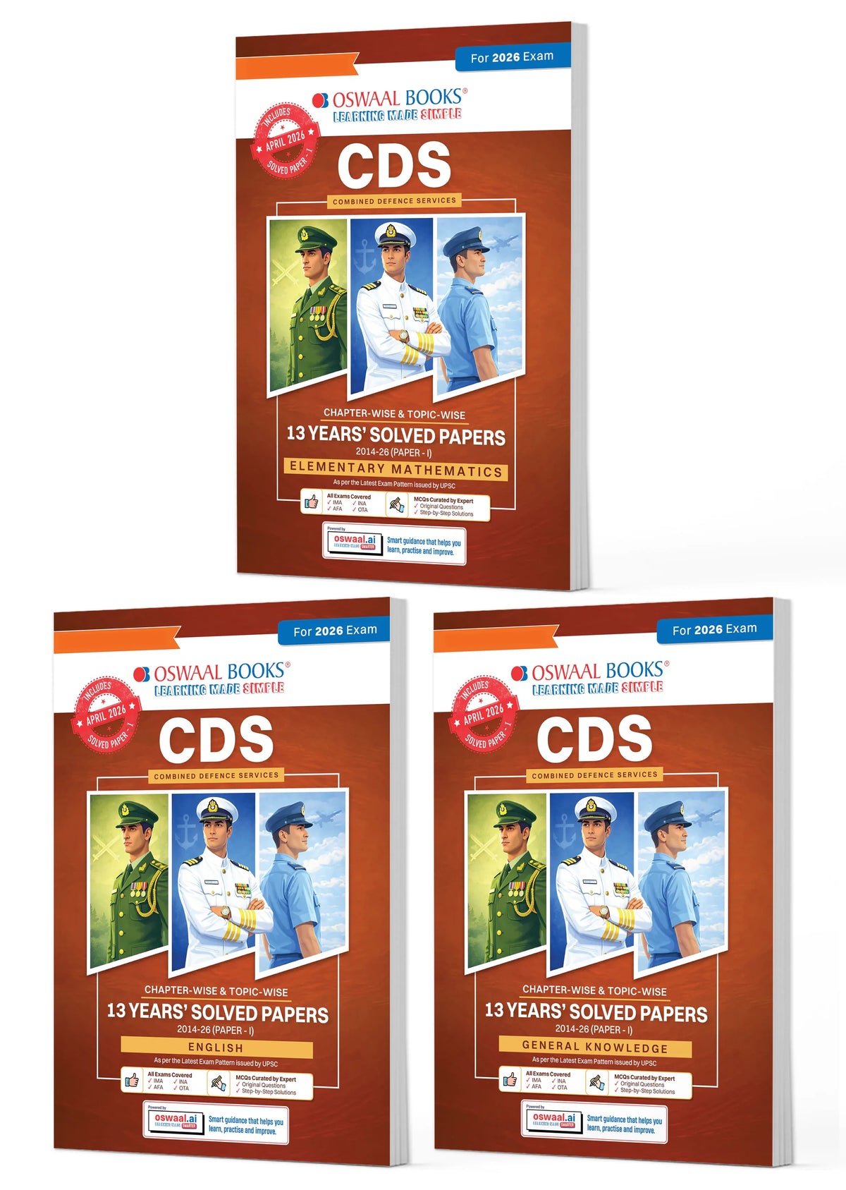 CDS Maths, English & General Knowledge 13 Years' Chapter-wise & Topic-wise Solved Papers English Medium Set of 3 | 2014-2026 | Includes 2026 Paper-I | With Oswaal AI | For 2026-27 Exams