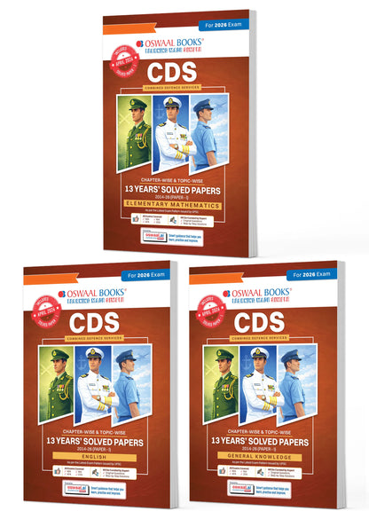 CDS Maths, English & General Knowledge 13 Years' Chapter-wise & Topic-wise Solved Papers English Medium Set of 3 | 2014-2026 | Includes 2026 Paper-I | With Oswaal AI | For 2026-27 Exams