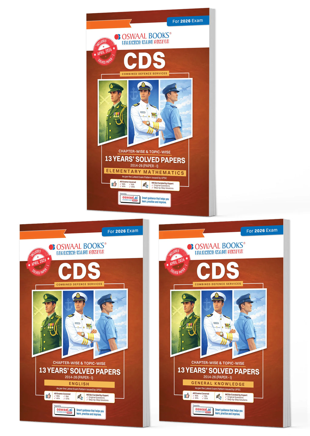 CDS Maths, English & General Knowledge 13 Years' Chapter-wise & Topic-wise Solved Papers English Medium Set of 3 | 2014-2026 | Includes 2026 Paper-I | With Oswaal AI | For 2026-27 Exams