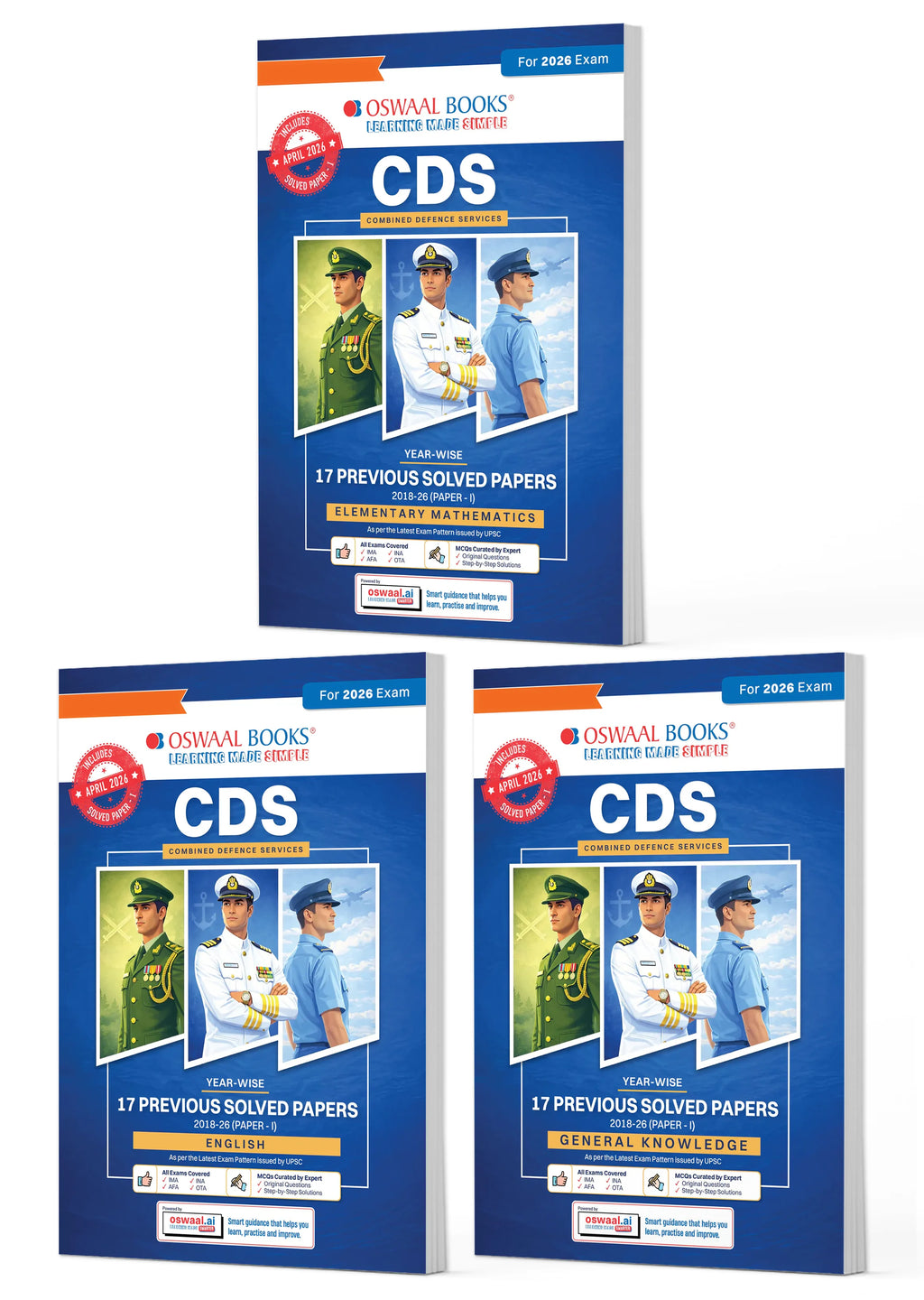 CDS Maths, English & General Knowledge 17 Previous Years' Solved Papers English Medium Set of 3 | Year-wise 2018-2026 | Includes 2026 Paper-I | With Oswaal AI | For 2026-27 Exams