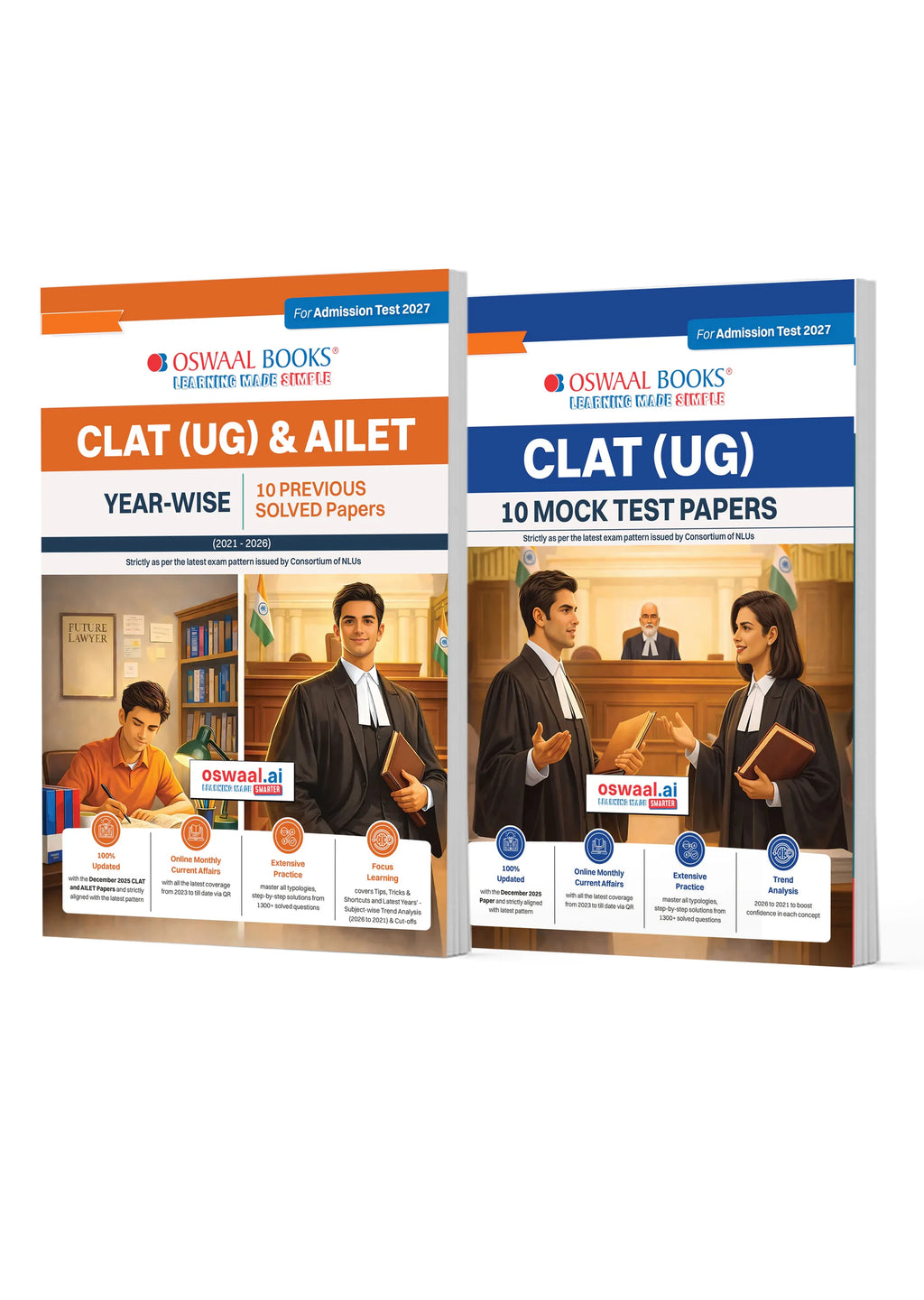 Cover of CLAT (UG) & AILET Year-wise Previous Solved Papers with 10 Mock Test Papers, Set of 2, by Oswaal Books