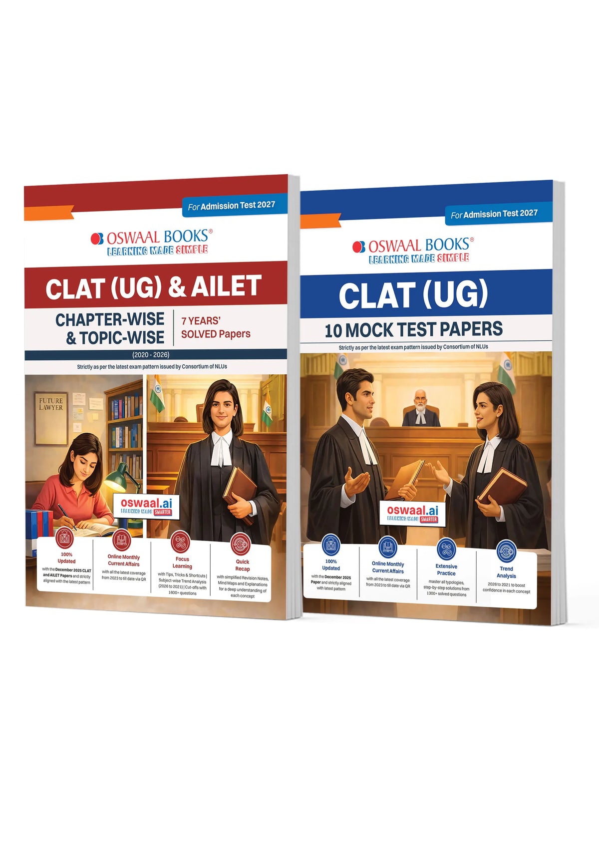 Oswaal CLAT (UG) and AILET 7 Years' Chapter-wise and Topic-wise Solved Papers + 10 Mock Test Papers (Set of 2 Books) | For 2027 Admission Test