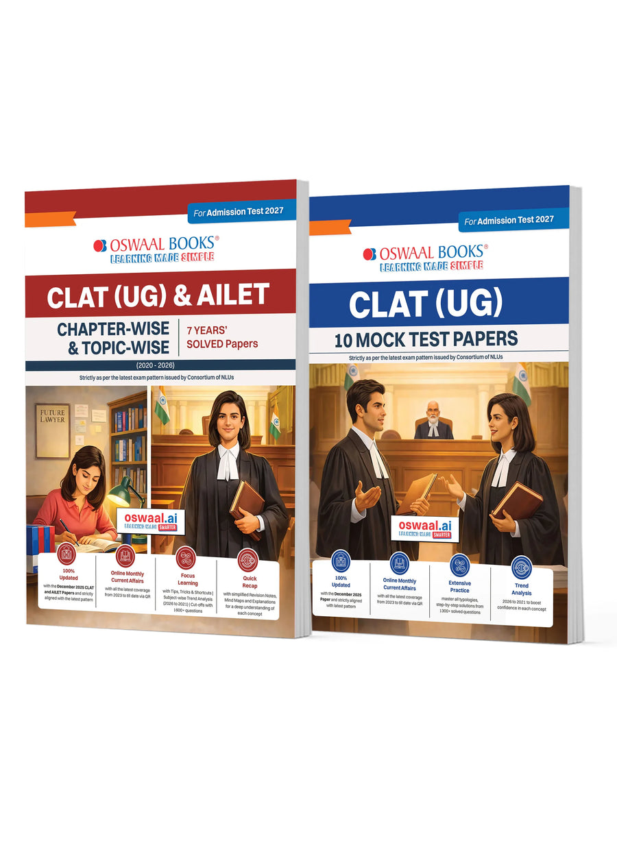 Oswaal CLAT (UG) and AILET 7 Years' Chapter-wise and Topic-wise Solved Papers + 10 Mock Test Papers (Set of 2 Books) | For 2027 Admission Test