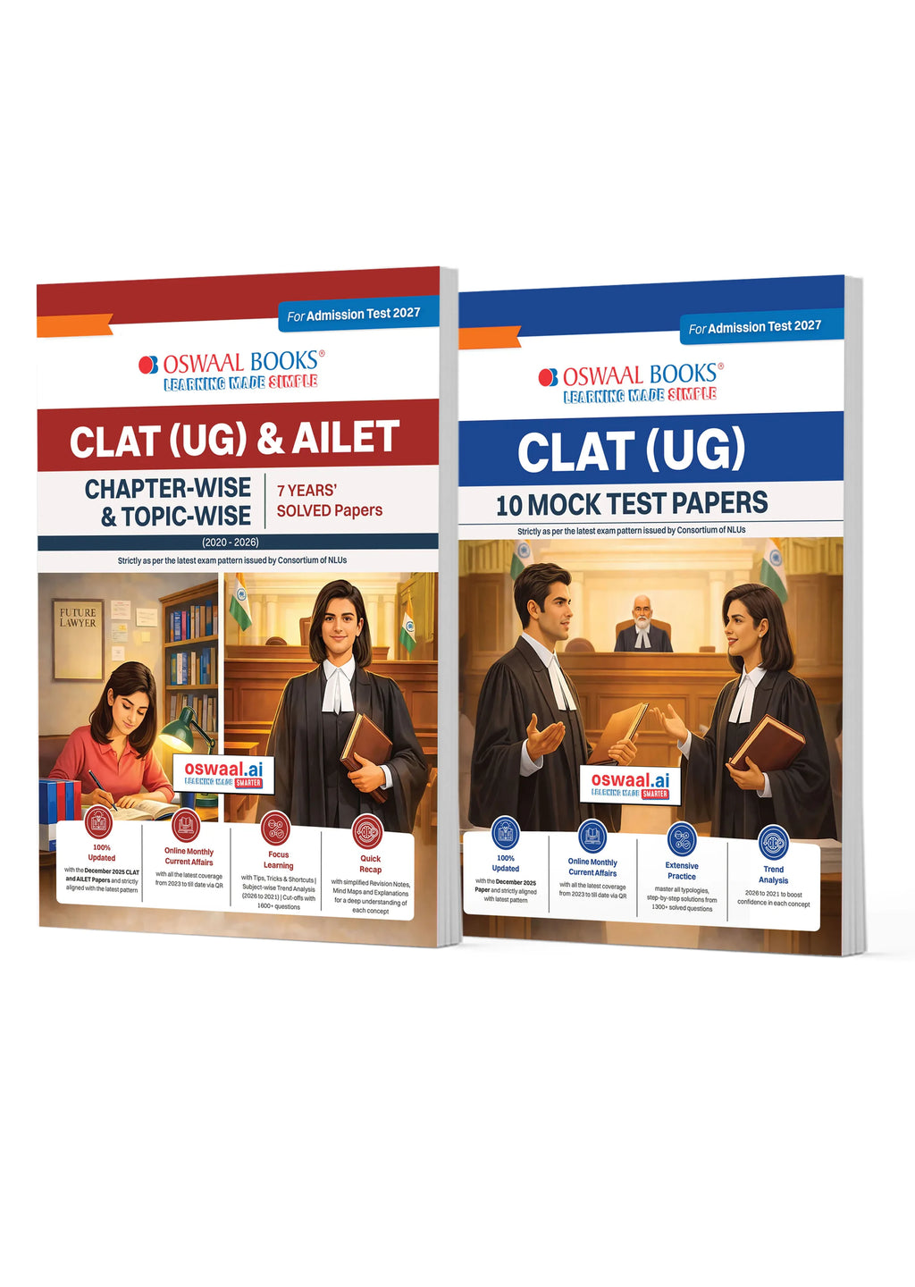 Cover of CLAT (UG) & AILET Chapter-wise Solved Papers with 10 Mock Test Papers, Set of 2, by Oswaal Books