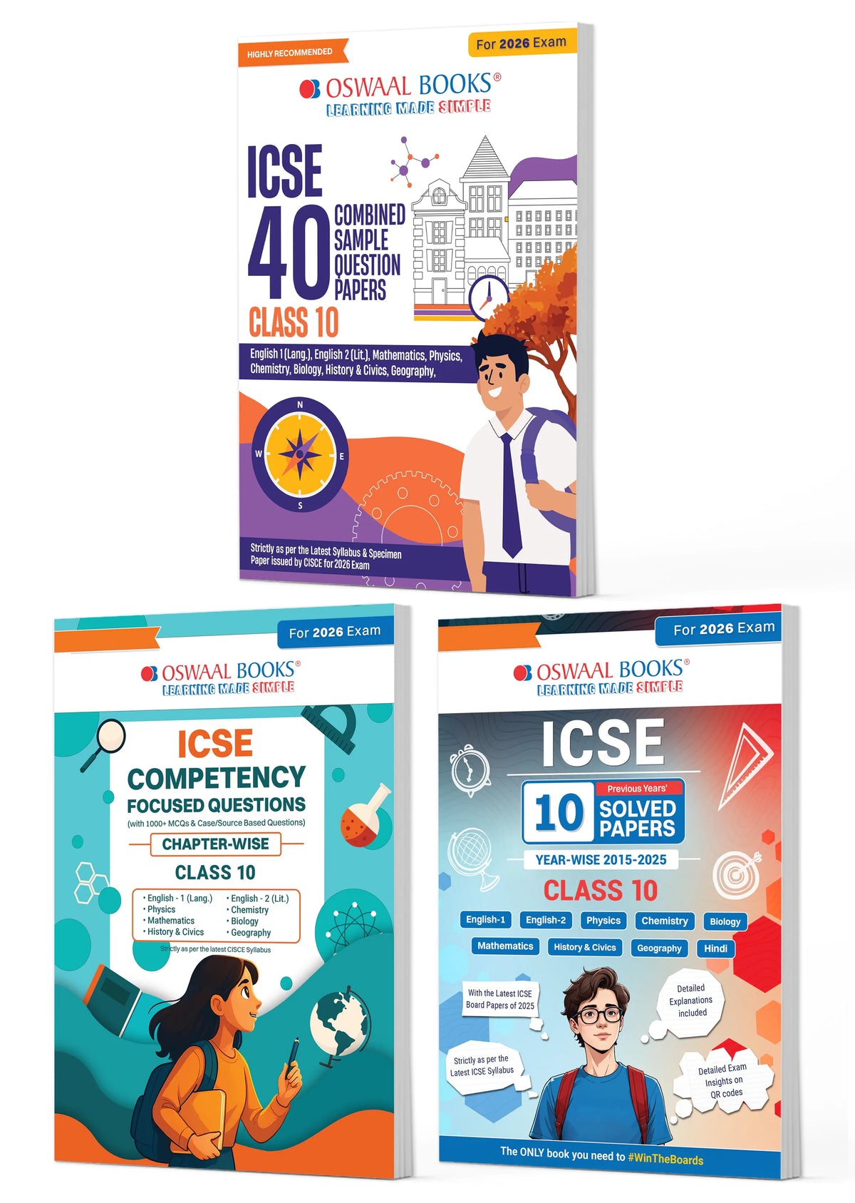 ICSE Class 10, 40 Combined Sample Question Papers + Competency Focused Questions + 10 Previous Years' Solved Papers Physics, Chemistry, Maths, Biology, English Paper-1, English Paper-2, History& Civics, Geography (Set of 3 Books) for 2026 Board Exams