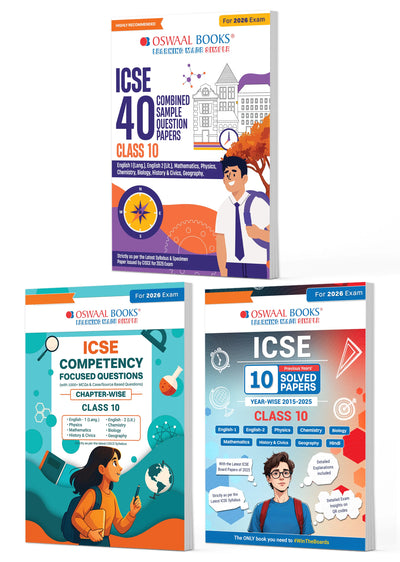 ICSE Class 10, 40 Combined Sample Question Papers + Competency Focused Questions + 10 Previous Years' Solved Papers Physics, Chemistry, Maths, Biology, English Paper-1, English Paper-2, History& Civics, Geography (Set of 3 Books) for 2026 Board Exams