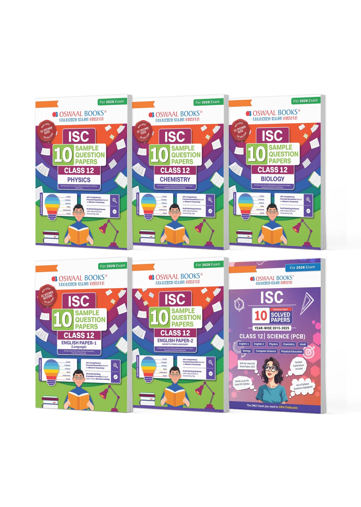 ISC Class 12, 10 Sample Question Papers + 10 Previous Years' Solved Papers PCB- Physics, Chemistry, Biology, English-1, English-2 (Set of 6 Books) for 2026 Board Exams