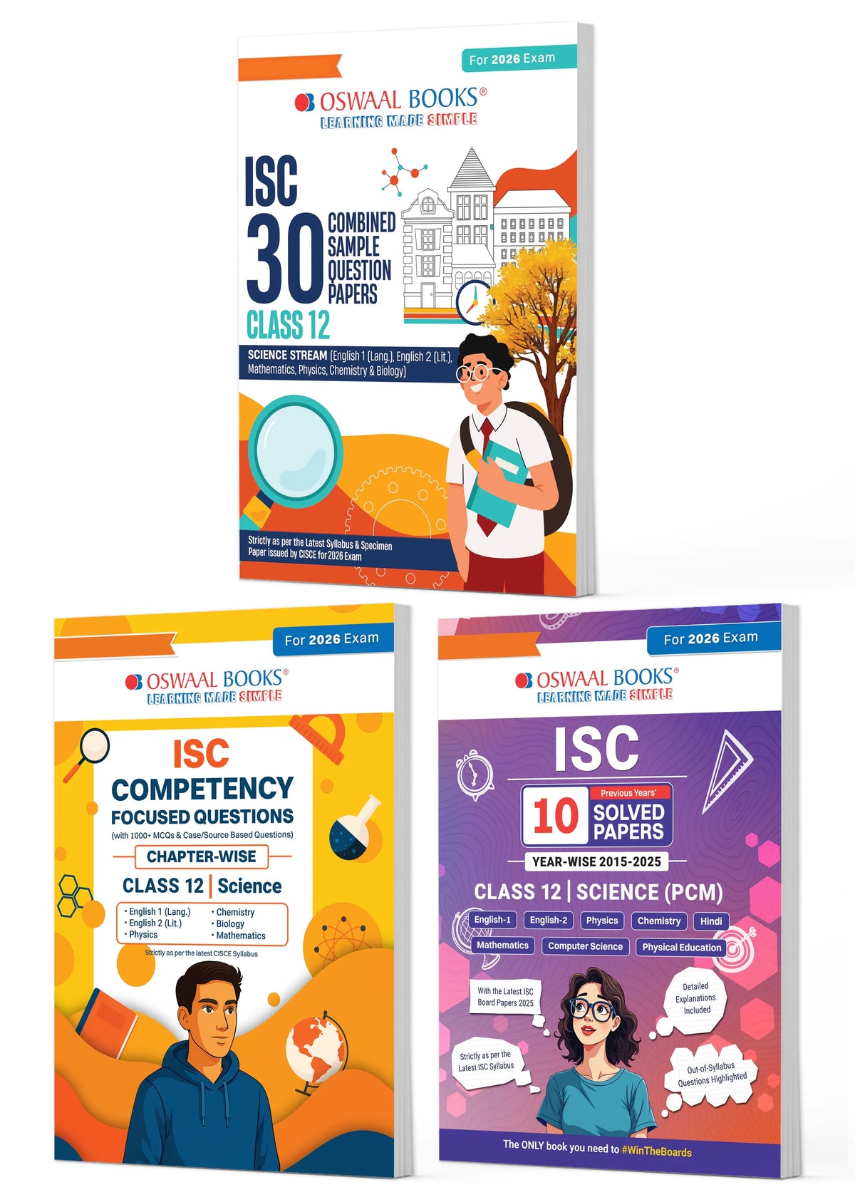 ISC Class 12, 30 Combined Sample Question Papers + Competency Focused Questions + 10 Previous Years' Solved Papers PCM- Physics, Chemistry, Maths, English-1, English-2 (Set of 3 Books) for 2026 Board Exams