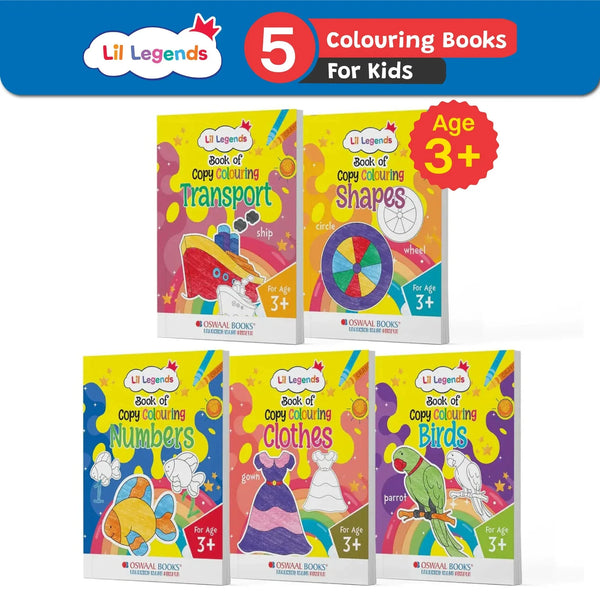 Lil Legends Book of Copy Colouring for Kids | Set of 5 Activity Books | Transport, Shapes, Numbers, Clothes & Birds | Ages 3+ Years | Early Learning Colouring Fun