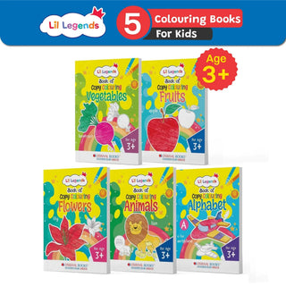Lil Legends Book of Copy Colouring for Kids | Set of 5 Activity Books | Vegetables, Fruits, Flowers, Animals & Alphabets | Age 3+ Years | Early Learning Colouring Fun