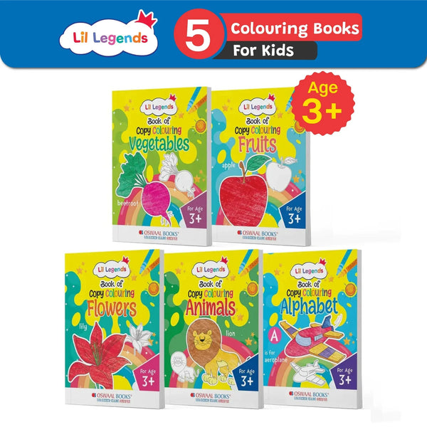 Lil Legends Book of Copy Colouring for Kids | Set of 5 Activity Books | Vegetables, Fruits, Flowers, Animals & Alphabets | Ages 3+ Years | Early Learning Colouring Fun