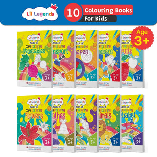 Lil Legends Books of Copy Colouring for Kids | Set of 10 Books | Vegetables, Transport, Shapes, Numbers, Fruits, Flowers, Clothes, Birds, Animals & Alphabets | Age 3+