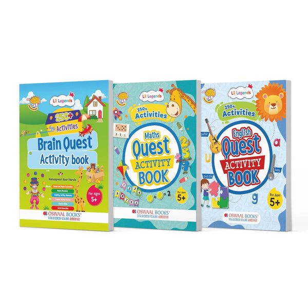 Lil Legends Brain, Maths & English Activity Book Set for Kids | Set of 3 Books | 750+ Exercises | Tracing, Logical Thinking & Language Skills | Ages 5+ Years | Paperback