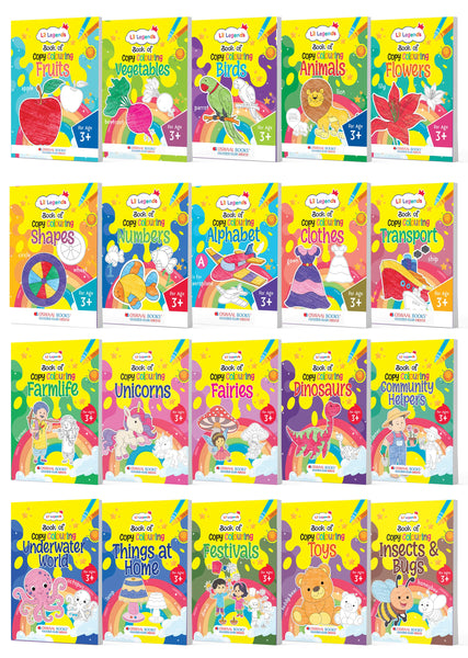 Lil Legends Copy Colouring 20-Book Bundle for Kids | Early Learning Activity Books | Vegetables, Animals, Shapes, Dinosaurs, Unicorns & More | Fine Motor Skills | Ages 3+ Years