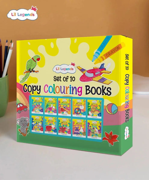 Lil Legends Copy Colouring Books Gift Set - Boxset of 10 Books for Kids Age 3+ Years | Alphabet, Numbers 1-10, Shapes, Fruits, Vegetables, Flowers, Clothes, Birds, Animals & Transport