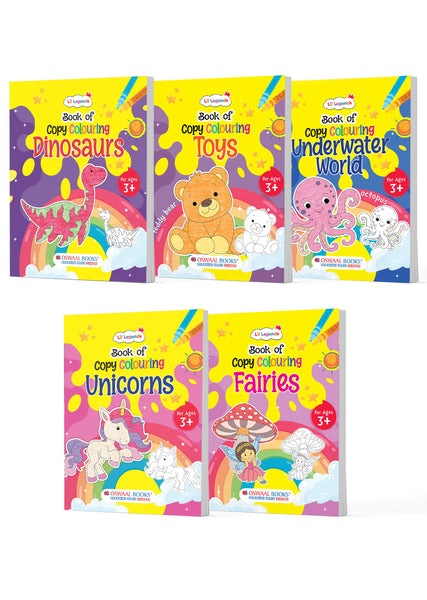 Lil Legends Magical & Imaginary Worlds Copy Colouring Books for Kids | Set of 5 Books | Dinosaurs, Unicorns, Toys, Fairies & Underwater World | Motor Skills | Ages 3+ Years