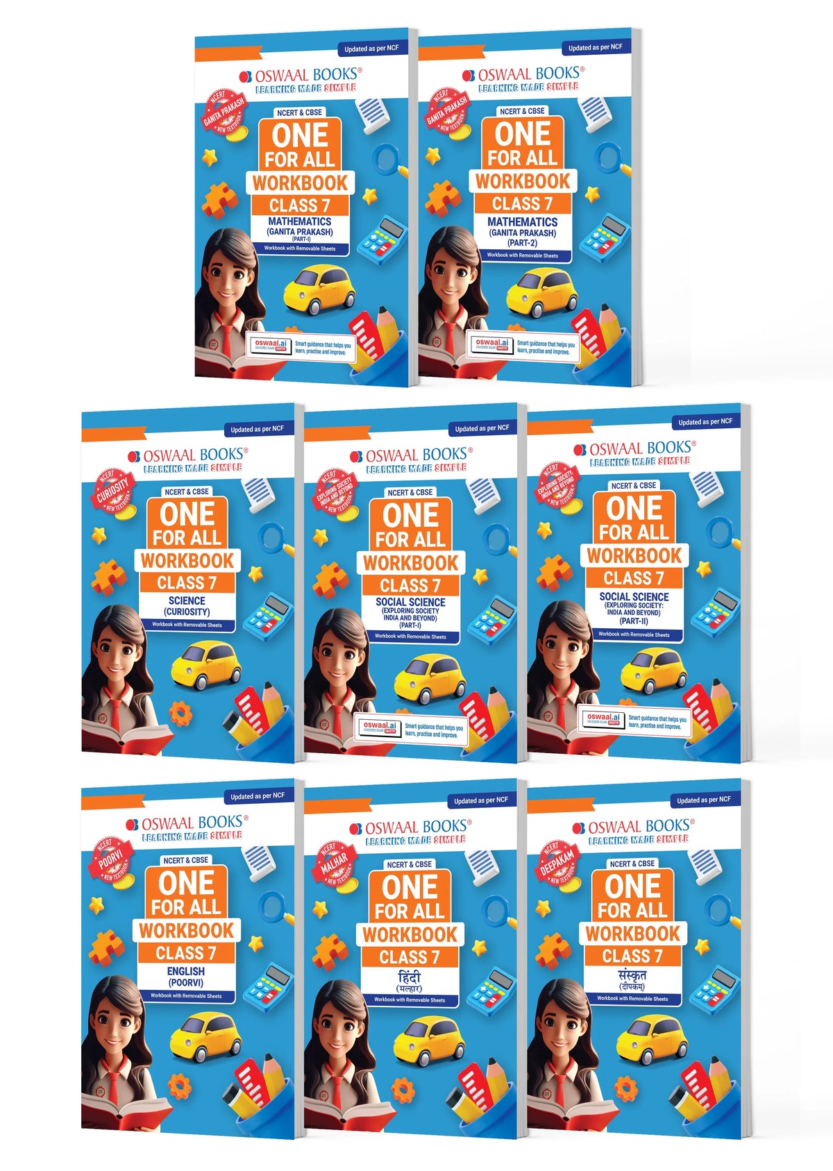 Oswaal NCERT & CBSE One for All Workbook for Class 7 | Mathematics Part-1 & Part-2 | Science | Social Science Part-1 & Part-2 | English | Hindi | Sanskrit | Updated as Per NCF | MCQ's | VSA | SA | LA | Set of 8 Books | For Latest Exam