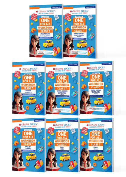 Oswaal NCERT & CBSE One for All Workbook for Class 7 | Mathematics Part-1 & Part-2 | Science | Social Science Part-1 & Part-2 | English | Hindi | Sanskrit | Updated as Per NCF | MCQ's | VSA | SA | LA | Set of 8 Books | For Latest Exam