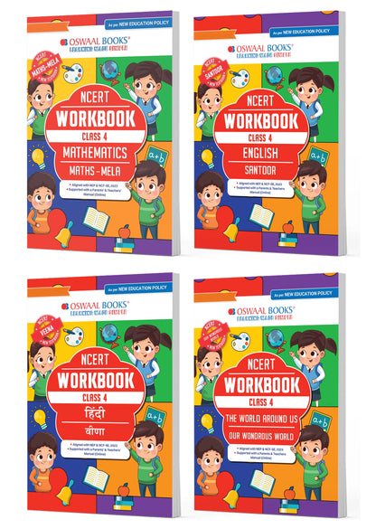 NCERT & CBSE Workbooks Class 4 Mathematics (Maths Mela), English (Santoor), Hindi (Veena) & Environmental Studies (The World Around Us) (Set of 4 Books) (For Latest Exam)