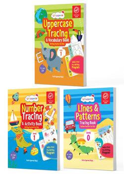 Lil Legends Early Writing Readiness | Set of 3 Books | Lines and Patterns + Number Tracing + Uppercase Tracing and Vocabulary | India's First Pre-Writing Programme | Age 2-5