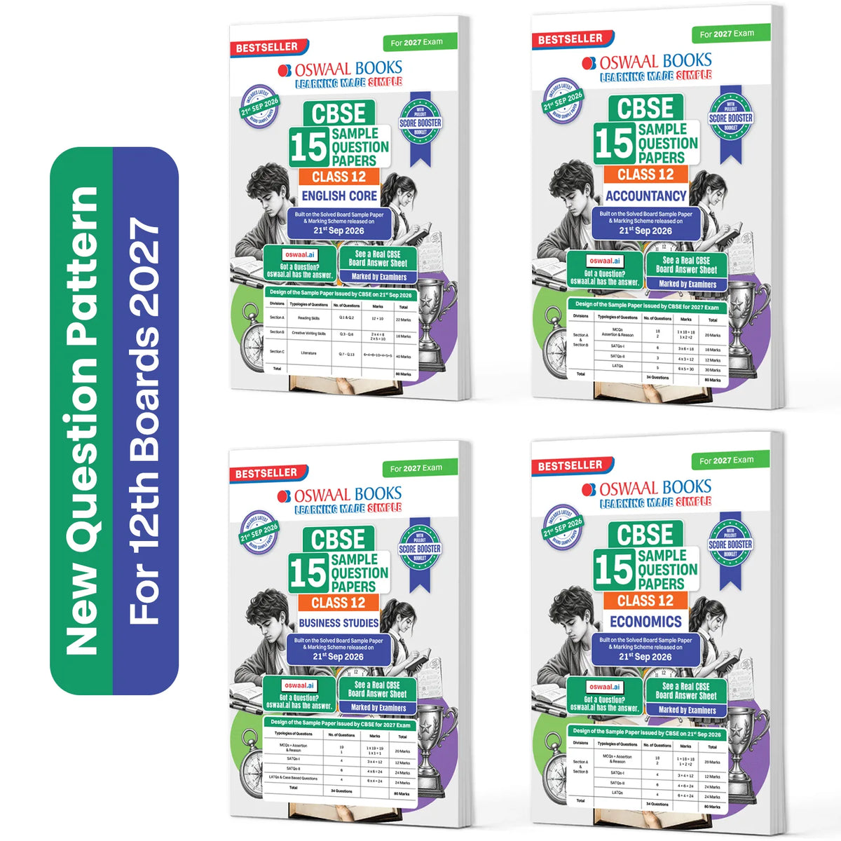 Oswaal CBSE 15 Sample Question Papers Class 12 Board Exam English, Accountancy, Business Studies & Economics (Set of 4 Books) 2026-27 based on latest CBSE SQP dated (21 Sep 2026) | With Oswaal AI