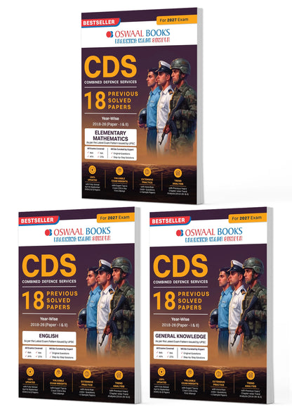CDS 18 Previous Years’ Solved Papers |Yearwise 2018–2026 (I & II) | Elementary Mathematics, English & General Knowledge (Set of 3 Books) | For 2027 Exam| With oswaal.ai