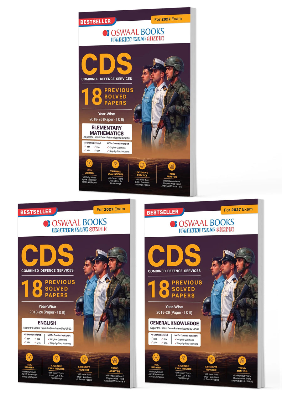 Oswaal CDS 18 Previous Years’ Solved Papers | Year-Wise 2018–2026 (I & II) | Elementary Mathematics, English & General Knowledge | Set of 3 | 2 Sample Papers per Book | For 2027 Exam | With Oswaal AI