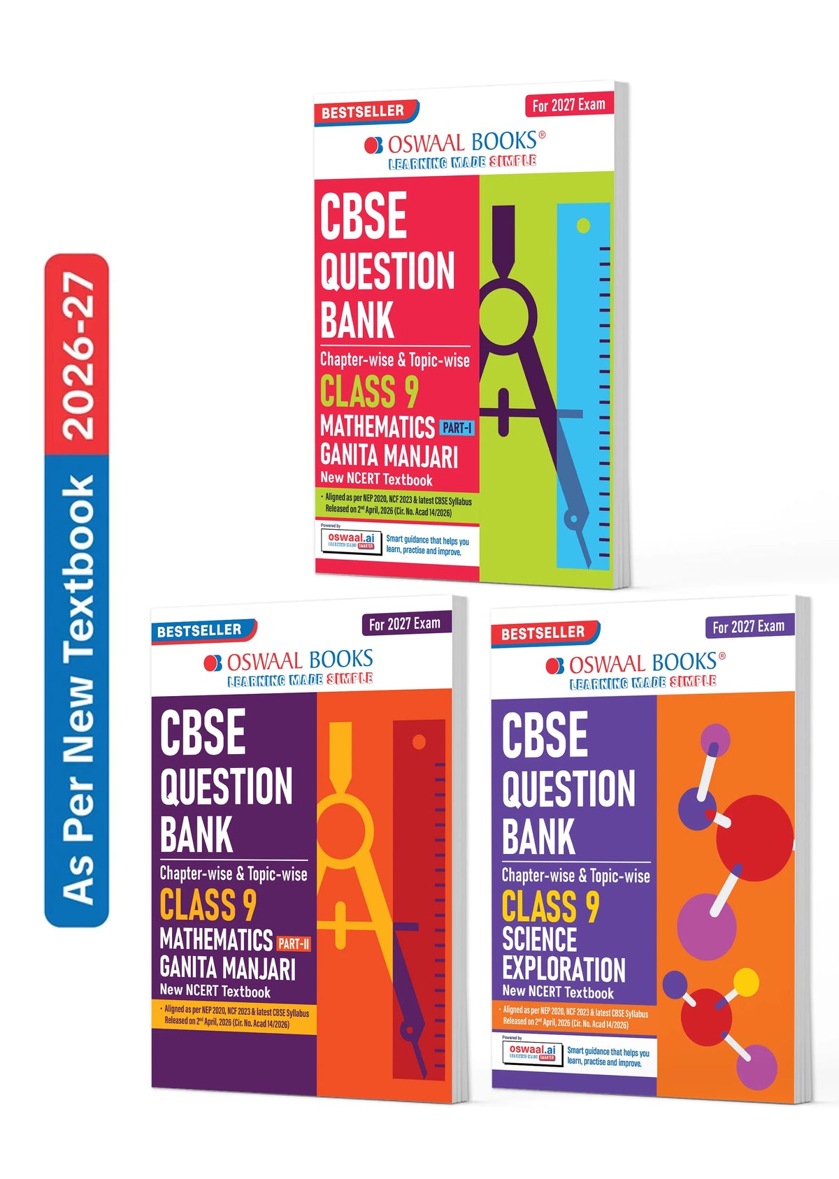Oswaal CBSE Class 9 Mathematics Part-1 & Part-2 (Ganita Manjari) & Science (Exploration) Question Bank Chapter-wise & Topic-wise (Set of 3 Books) | Based on NCERT