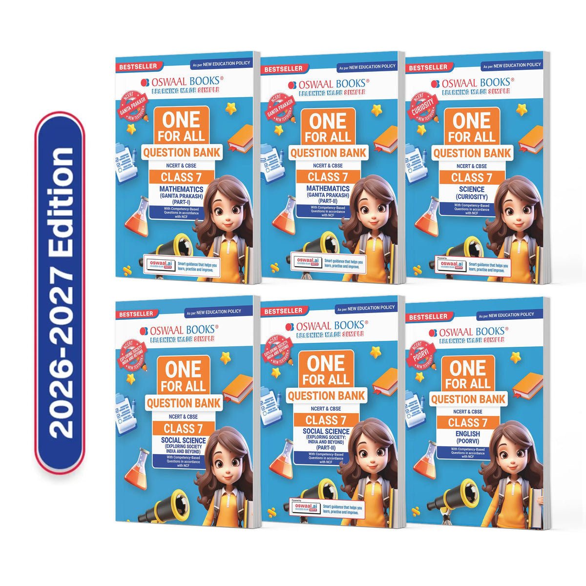 Oswaal One For All Question Banks NCERT & CBSE Class 7 (Set of 6 Books) Mathematics Part-1 & Part-2, Science, Social Science Part-1 & Part-2 and English (For Latest Exam)