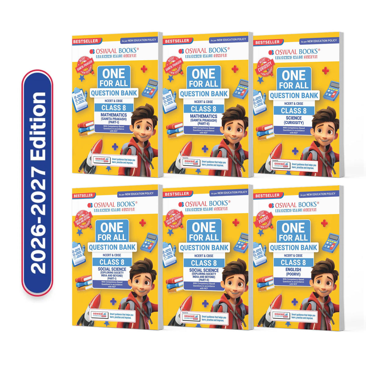 Oswaal One For All Question Banks NCERT & CBSE Class 8 (Set of 6 Books) Mathematics Part-1 & Part-2, Science, Social Science Part-1 & Part-2 and English (For Latest Exam)