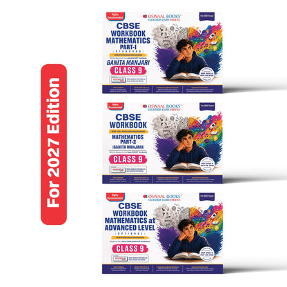 Oswaal CBSE Workbook Class 9 Mathematics Part-1, Part-2 & Advanced Level| aligned with NCERT Ganita Manjari (Set of 3 Books) | Perforated Worksheets for Practice with Competency Based questions