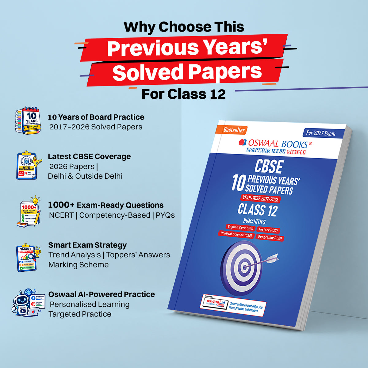CBSE 10 Previous Years Papers Humanities | Class 12 | Year-wise(2017-2026) | 2026 Papers (Delhi & Outside Delhi)- fully solved | NCERT & Competency-based questions | For 2027 Exam | Oswaal AI