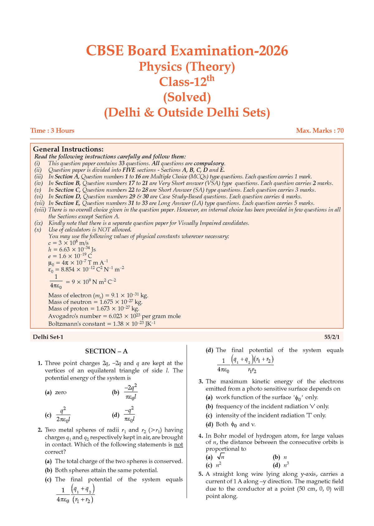 CBSE Class 12 Physics Question Bank | Chapter & Topic-wise Solved Papers (2017-2026) | Based on Latest Syllabus (April 2026) | Includes 2026 Papers | For 2027 Exam