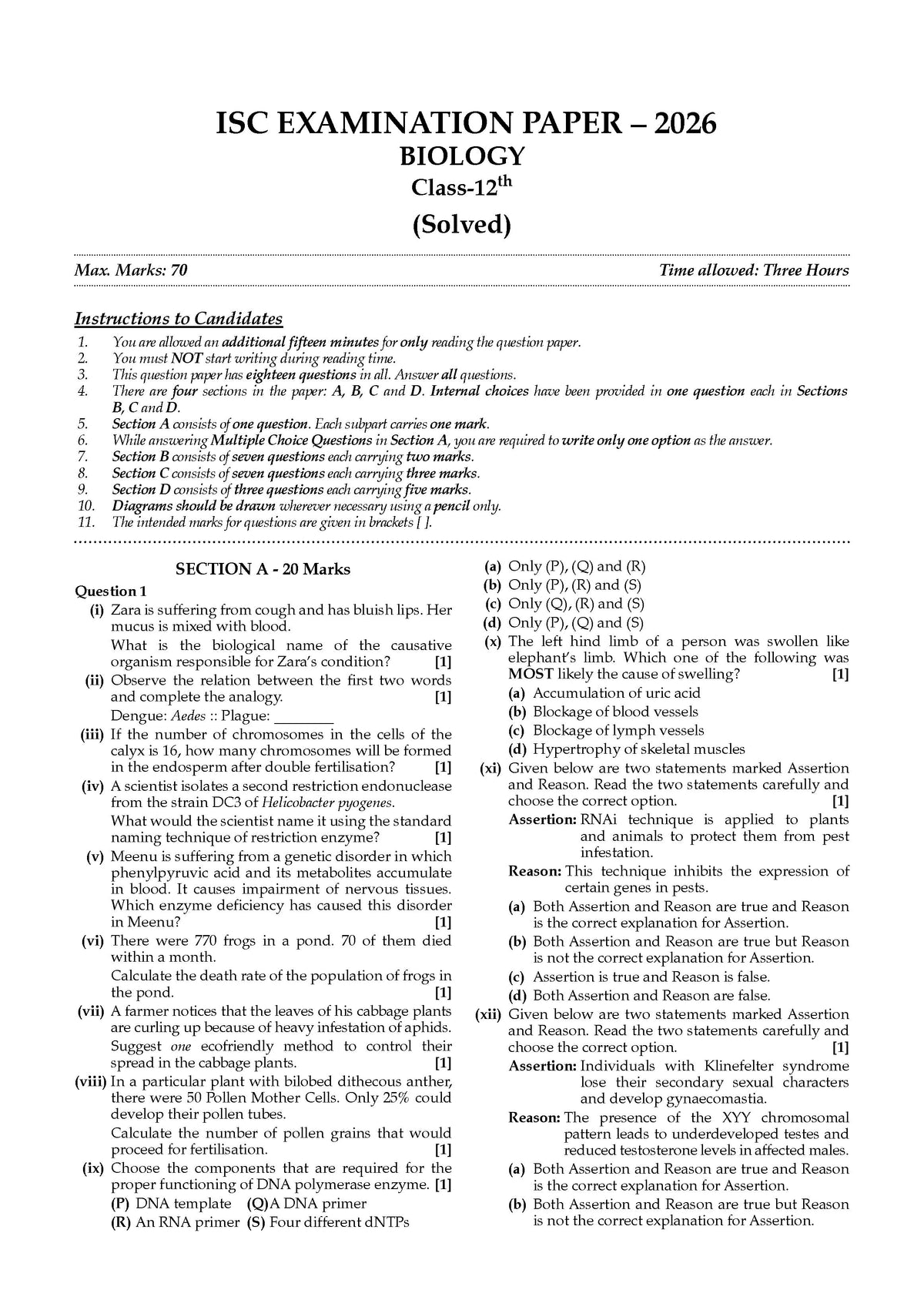 Class 12 ISC Biology Question Bank (2017-2026) | Chapter-wise & Topic-wise with Competency Based Questions | For 2027 Exam | With Solved 2026 Board Paper | Self-Assessment Papers