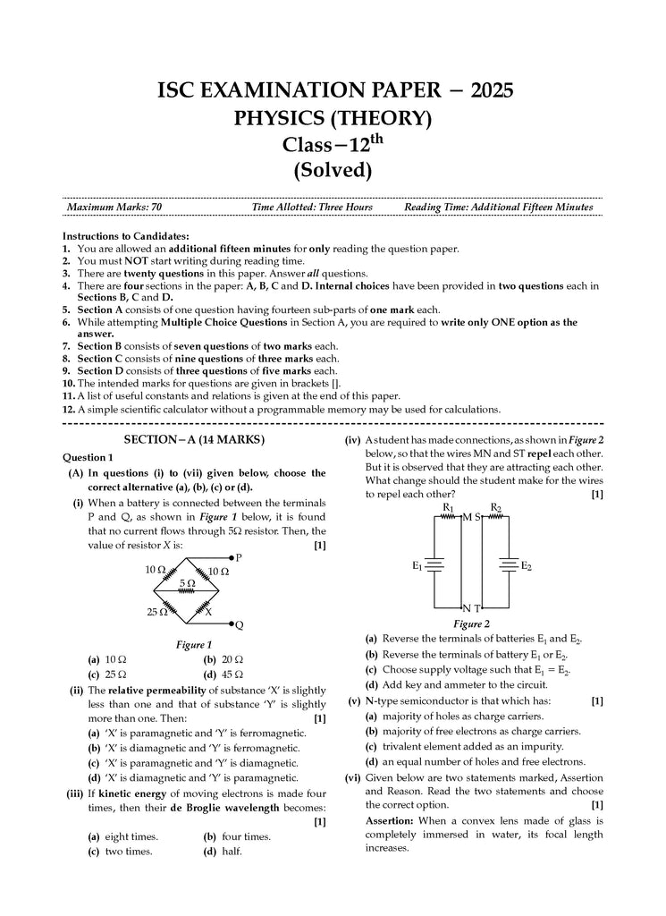ISC 10 Previous years' Solved papers year-wise 2015-2025, Class-12, Science: PCM: Physics, Chemistry, Mathematics, English 1, English 2, Hindi, Computer science (For 2026 Exam)