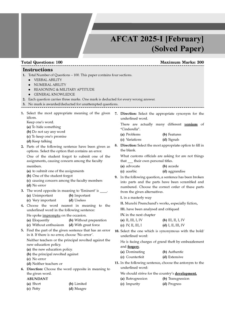 AFCAT 15 Years Chapter-wise & Topic-wise Solved Papers 2011 to 2025 (I) for 2025 Exam