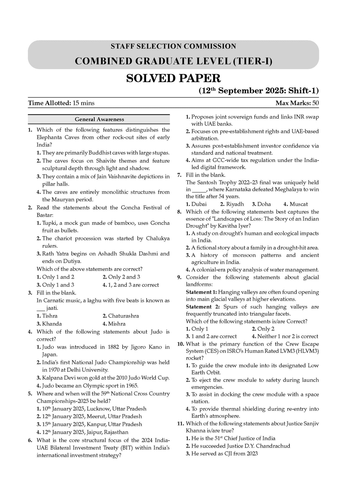 SSC (Staff Selection Commission)| Tier-1 | Chapter-wise & Topic-wise Question Bank 2011 to 2025| General Studies | For 2026 Exam