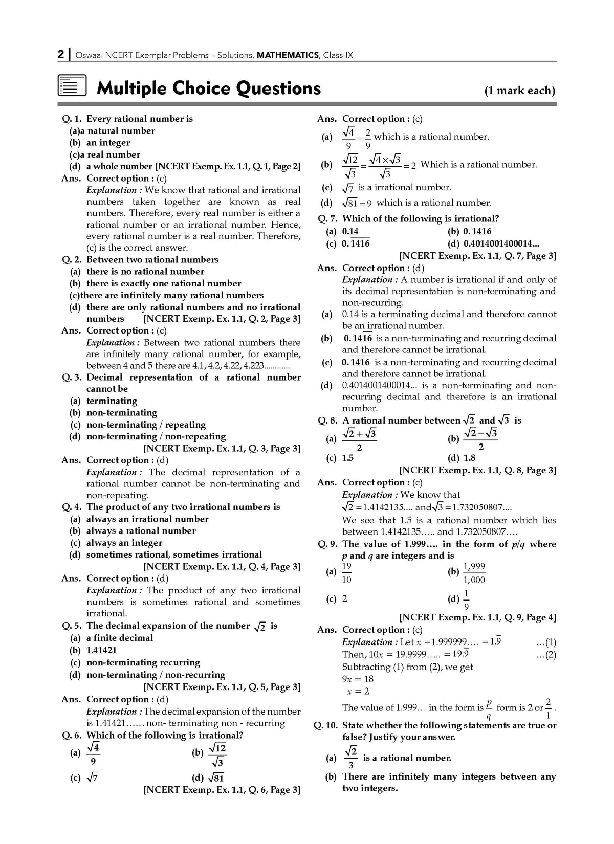 NCERT Exemplar (Problems - Solutions) Class 9 Mathematics Book For Latest Exam - Oswaal Books
