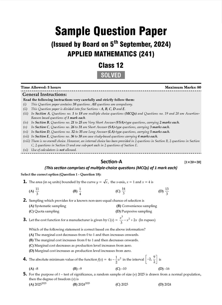 CBSE Sample Question Papers Class 12 Applied Mathematics (For 2025 Exam)